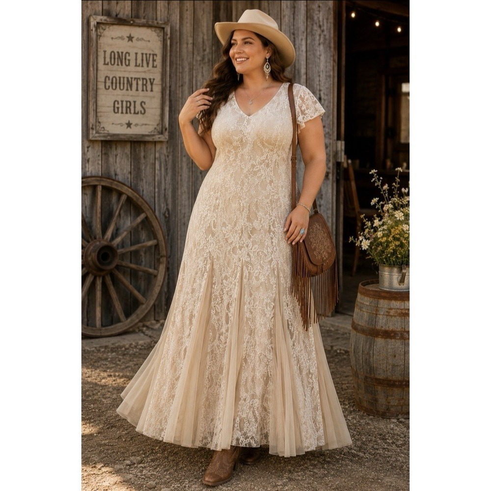 Candalite Women's Beige Lace Overlay Midi Dress 3X Plus Size Mesh Panel Formal